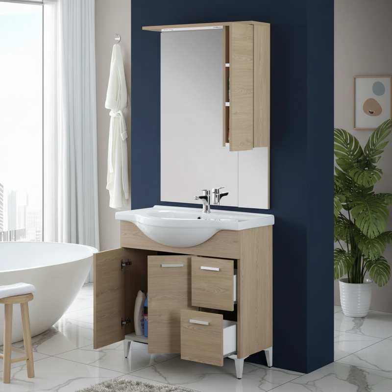 Mobile Bagno a Terra 85 Cm con Due Cassetti Due Ante Specchio Con Pensile e Faretti Led 76x106 Cm Cubi&Co "Stella" Rovere Dolomite
