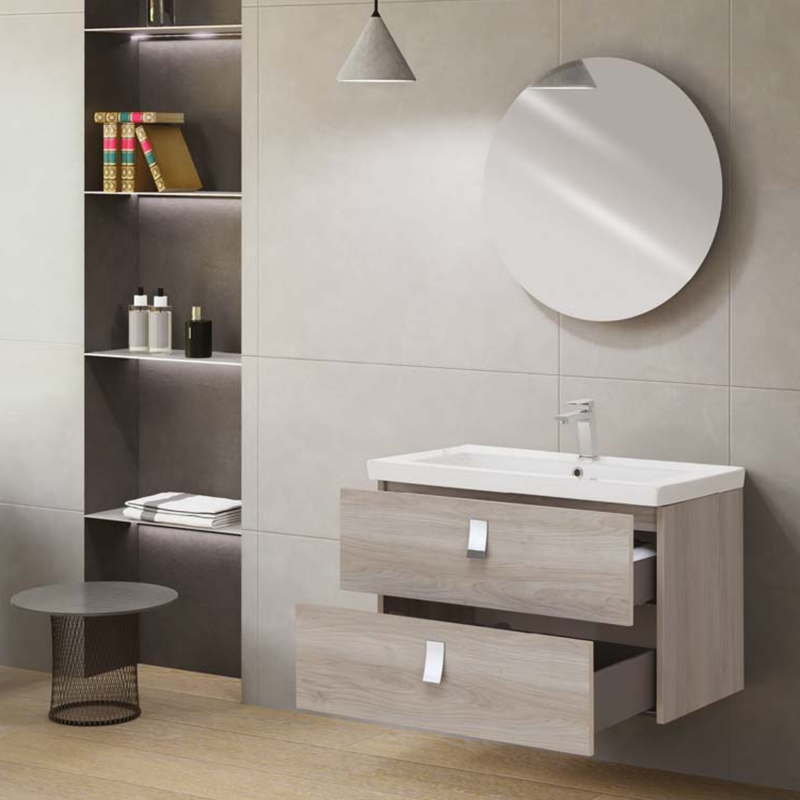 Mobile da bagno sospeso da 80 cm finitura Rovere Grigio completo di lavabo e specchio tondo diametro 70 cm