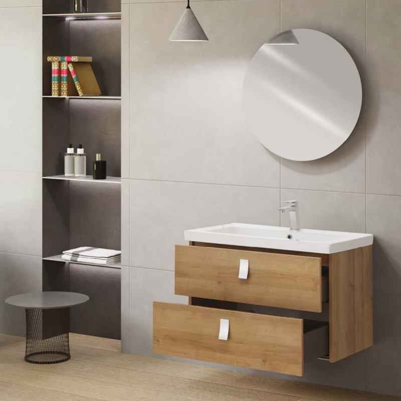 Mobile da bagno sospeso da 80 cm finitura Rovere Riviera completo di lavabo e specchio tondo diametro 70 cm