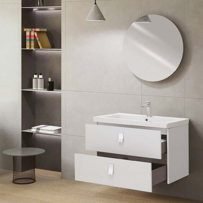 Mobile da bagno sospeso da 80 cm finitura Bianco Frassinato completo di lavabo e specchio tondo diametro 70 cm