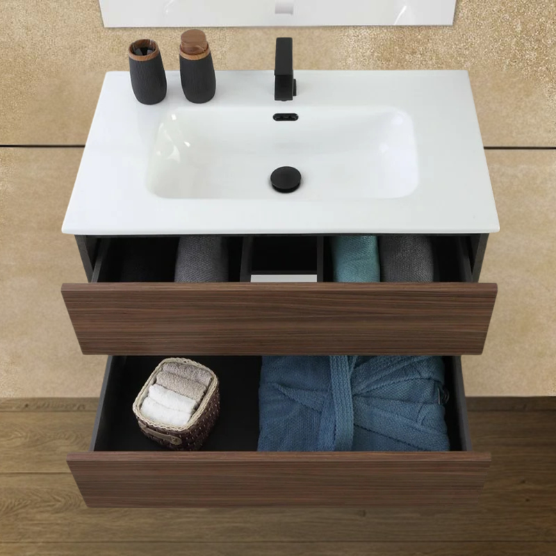 Mobile Bagno Sospeso 100 Cm Due Cassetti Specchio a Filo 80x60 Cm Finitura Noce Canaletto