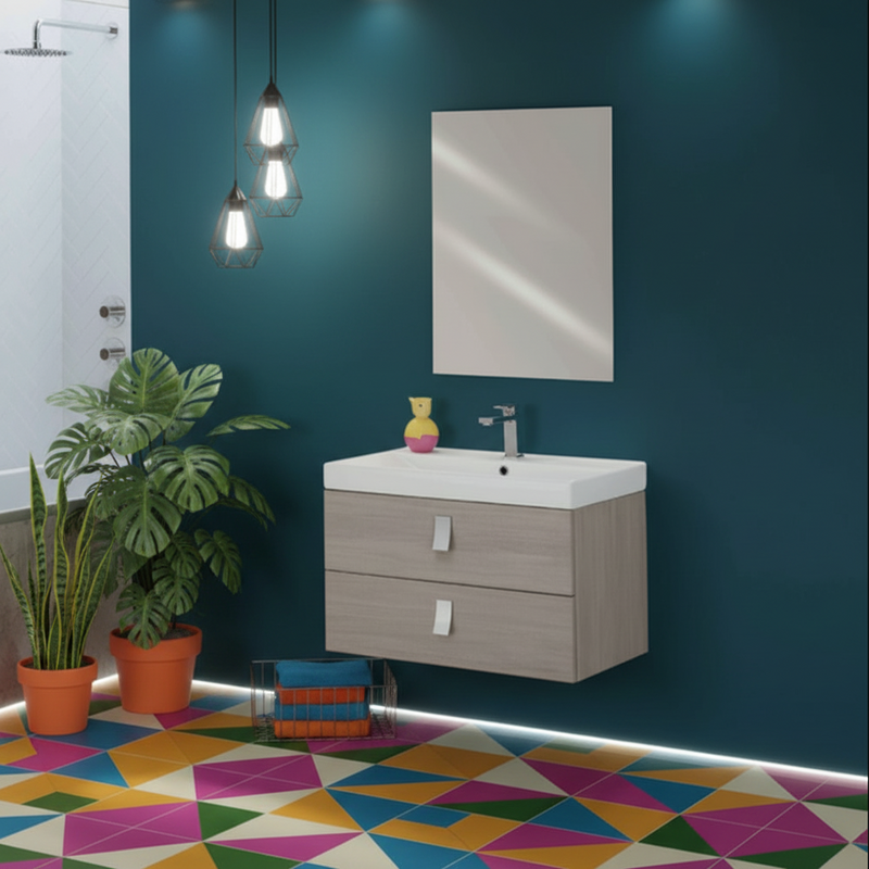 Mobile da bagno sospeso da 75 cm finitura Rovere Chiaro completo di lavabo e Specchio a Filo 60x80