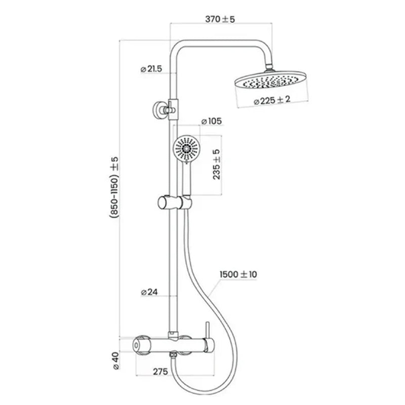 Colonna doccia meccanica DocciaGo Collezione Pluton con miscelatore, tubo in acciaio, soffione, doccetta - Colore Nero Opaco