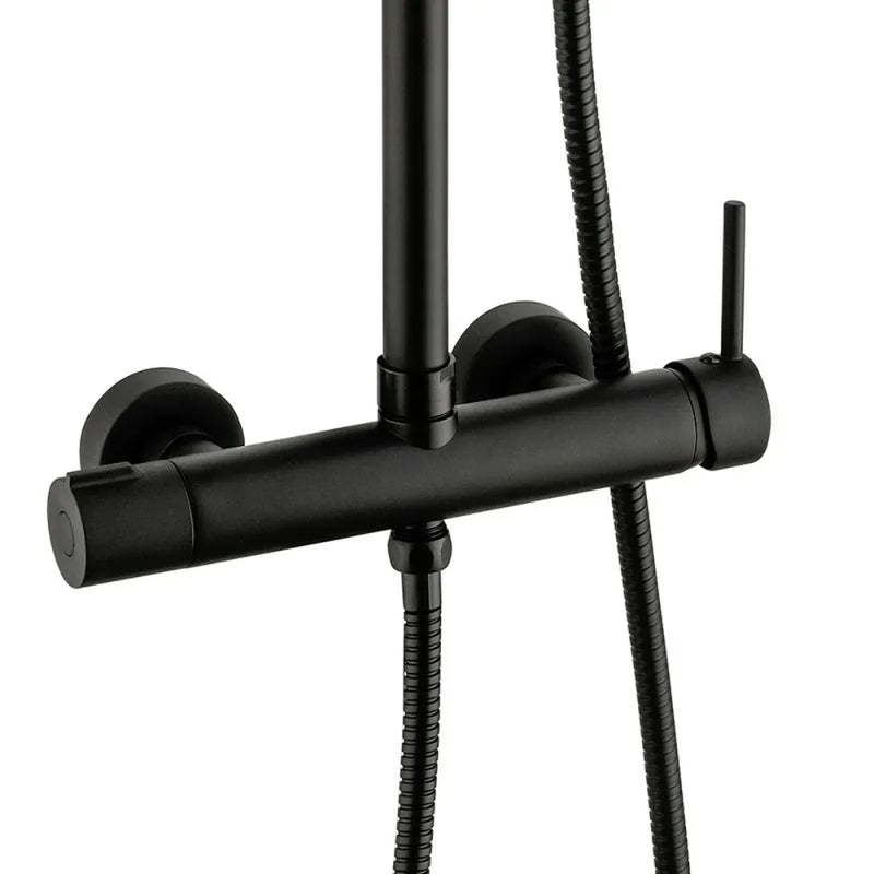 Colonna doccia meccanica DocciaGo Collezione Pluton con miscelatore, tubo in acciaio, soffione, doccetta - Colore Nero Opaco