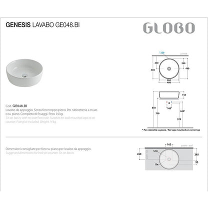 Lavabo Appoggio Ceramica Globo Bowl+/Genesis d.48 GE048.BI