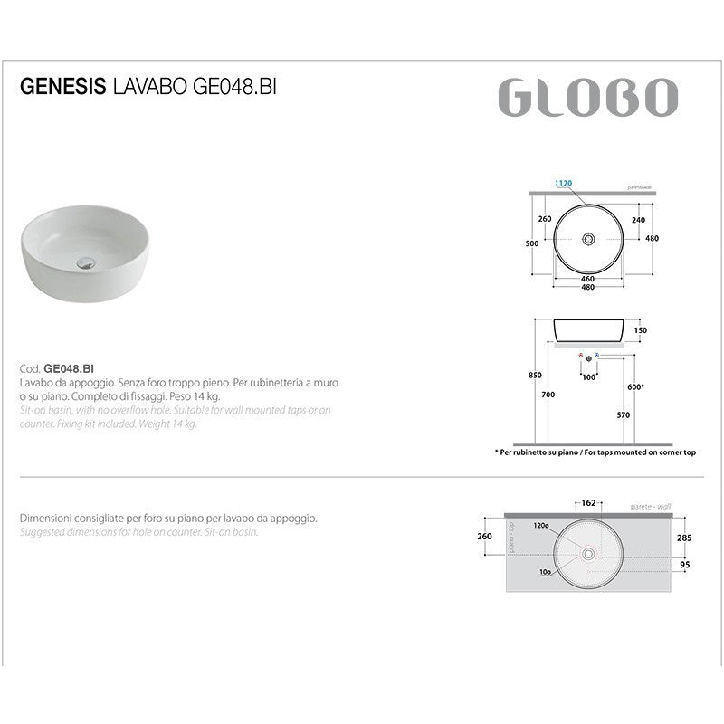 Lavabo Appoggio Ceramica Globo Bowl+/Genesis d.48 GE048.BI