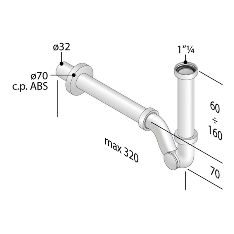 Sifone bidet ad S ispezionabile RubiFlux Materiale ottone Attacco universale 1"1/4- Finitura Cromata