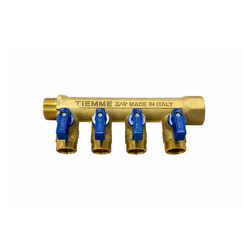 Collettore nino 4 vie con valvole a sfera 3/4 x 1/2 4 vie blu