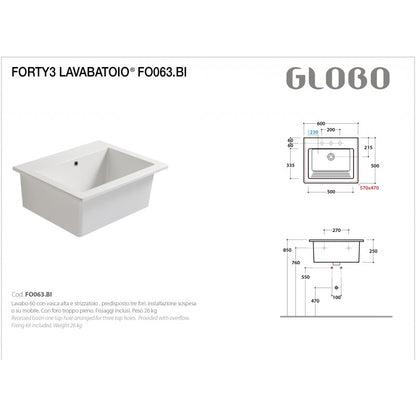 Lavabatoio Sospeso Ceramica Globo Forty3 60x50 FO063.BI by CeramicStore | Lo specialista del tuo bagno