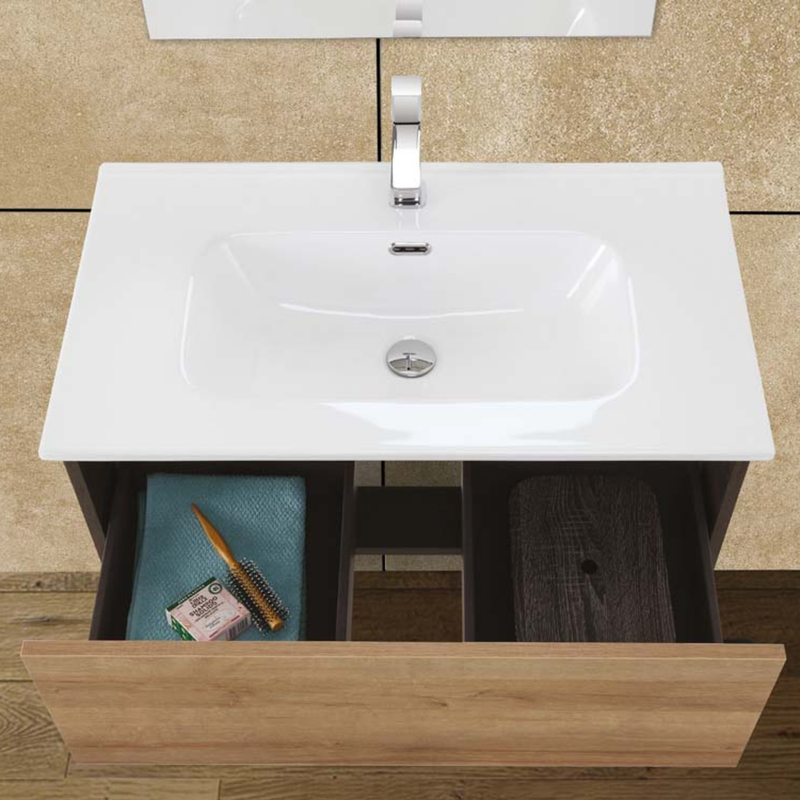 Mobile Bagno Sospeso 80 Cm Un Cassetto Specchio a Filo 80x60 Cm Ossido Grigio/Rovere Riviera Cubi&Co collezione Urban