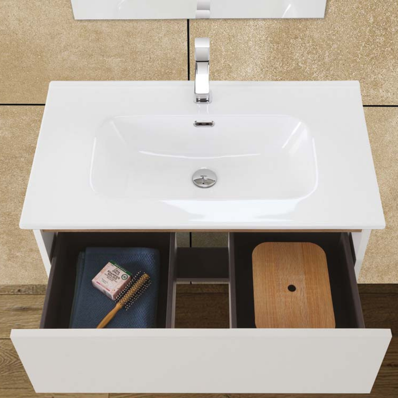 Mobile Bagno Sospeso 80 Cm Un Cassetto Specchio a Filo 80x60 Cm Bianco Frassinato/Rovere Cubi&Co collezione Urban
