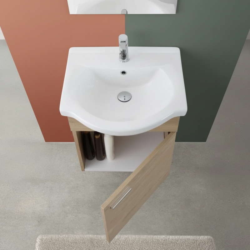 Mobile Bagno Sospeso 55 Cm Un'Anta Specchio 48x57 Cm Cubi&Co"Stella" Rovere Dolomite