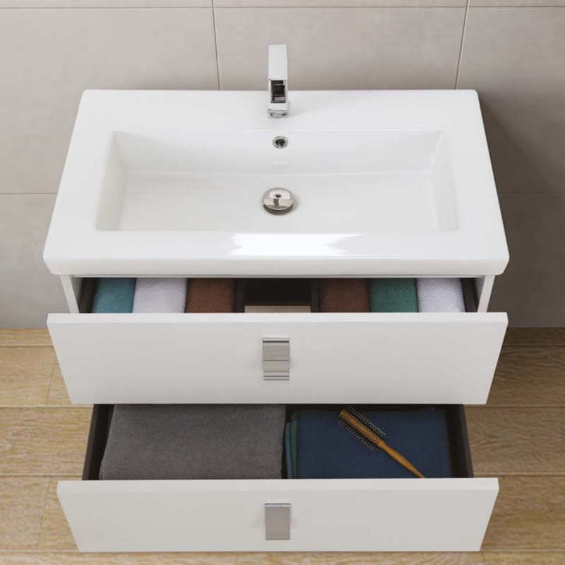 Mobile da bagno sospeso da 80 cm finitura Bianco Frassinato completo di lavabo e specchio tondo diametro 70 cm