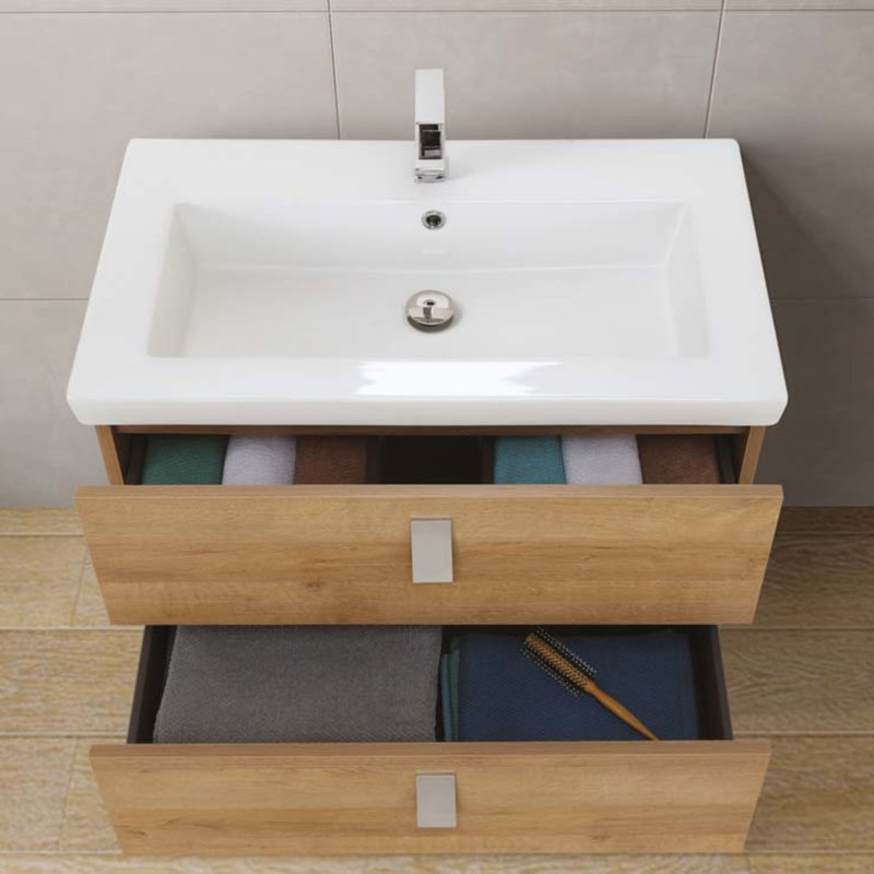 Mobile da bagno sospeso da 80 cm finitura Rovere Riviera completo di lavabo e specchio tondo diametro 70 cm
