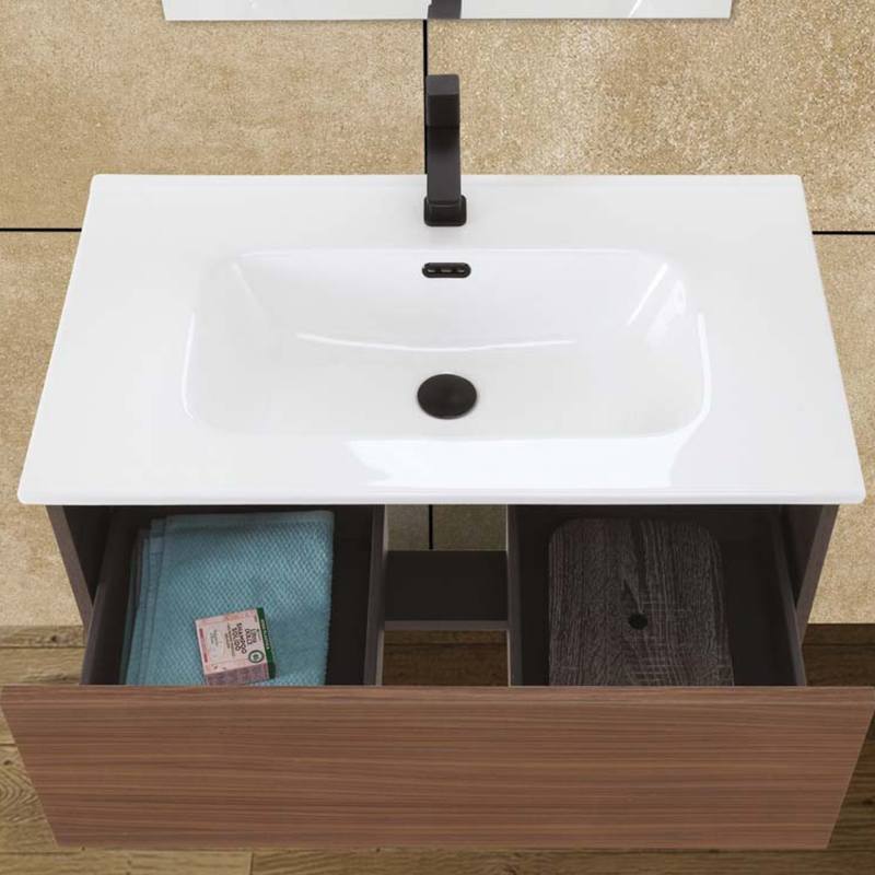 Mobile Bagno Sospeso 80 Cm Un Cassetto Specchio a Filo 80x60 Cm Ossido Grigio/Noce Canaletto Cubi&Co collezione Urban