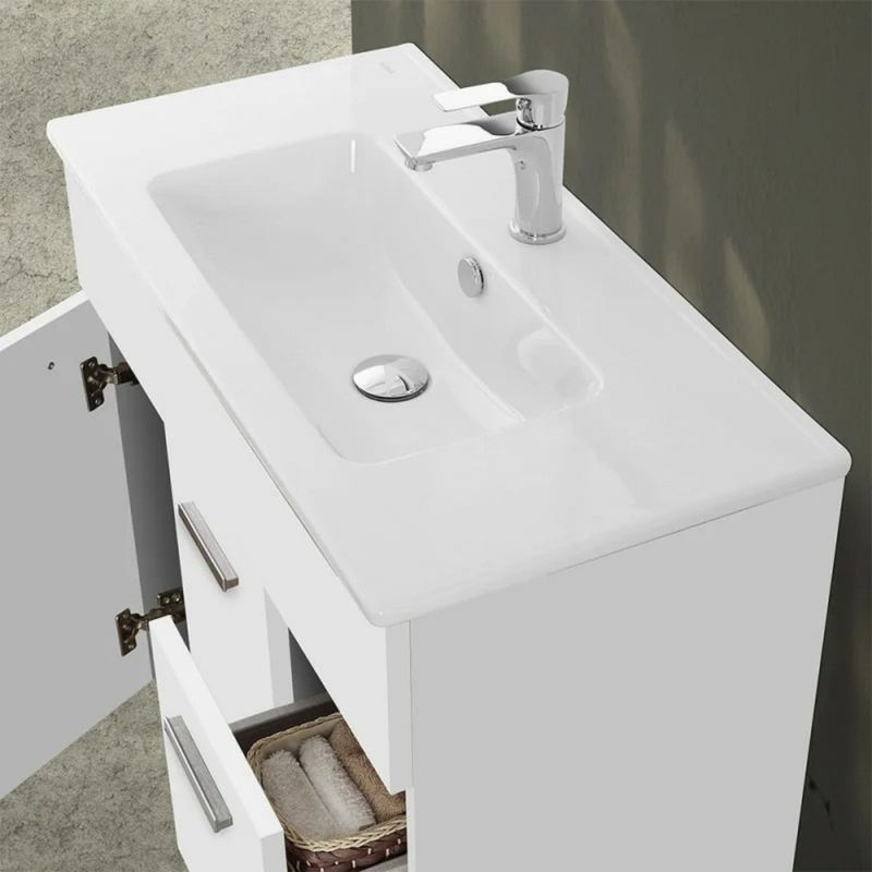 Mobile Bagno a Terra 80 Cm Due Ante Due Cassetti Specchio Con Lampada Led 62x78,5 Cm Bianco Lucido Cubi&Co collezione Frame