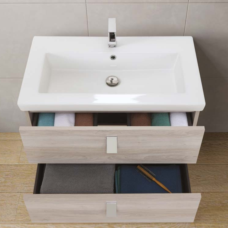 Mobile da bagno sospeso da 80 cm finitura Rovere Grigio completo di lavabo e specchio tondo diametro 70 cm
