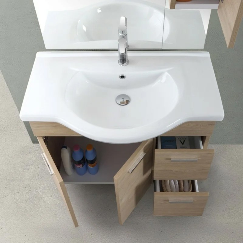 Mobile Bagno a Terra 85 Cm con Due Cassetti Due Ante Specchio Con Pensile e Faretti Led 76x106 Cm Cubi&Co "Stella" Rovere Dolomite