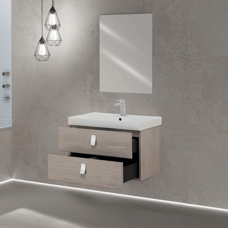 Mobile da bagno sospeso da 75 cm finitura Rovere Chiaro completo di lavabo e Specchio a Filo 60x80