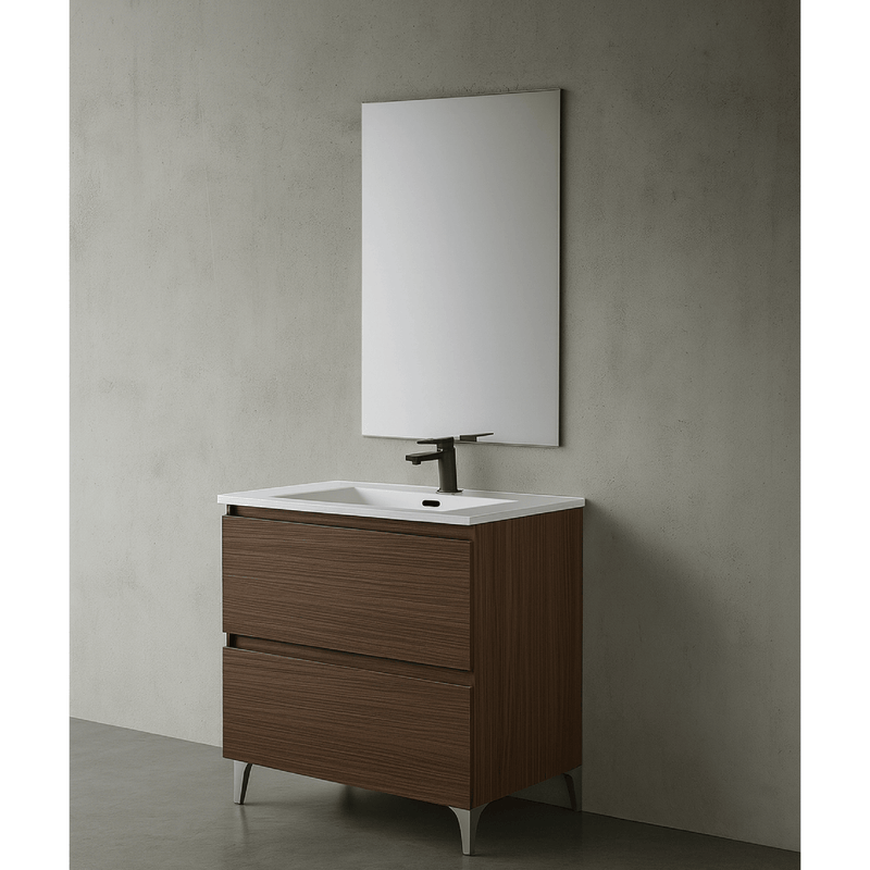 Mobile Bagno a Terra 80 Cm Due cassettoni Specchio a Filo 80x60 Cm finitura Noce Canaletto Cubi&Co collezione Cube