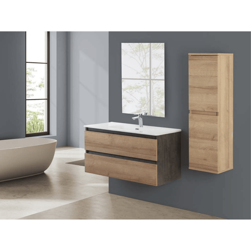 Mobile Bagno Sospeso 80 Cm Due Cassetti Specchio a Filo 80x60 Cm Finitura Rovere Riviera/Ossido Grigio