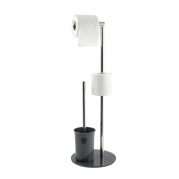 Piantana da bagno con porta rotolo e porta scopino di colore grigio