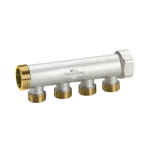 Collettore in ottone nichelato con derivazioni m 24x19 3/4 x 3 vie l. 121 mm