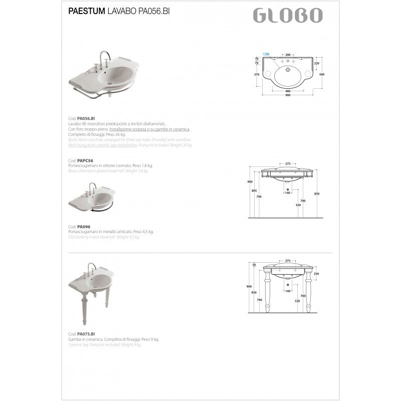 Lavabo sospeso 90x56 Ceramica Globo PAESTUM PA056.BI by CeramicStore | Lo specialista del tuo bagno
