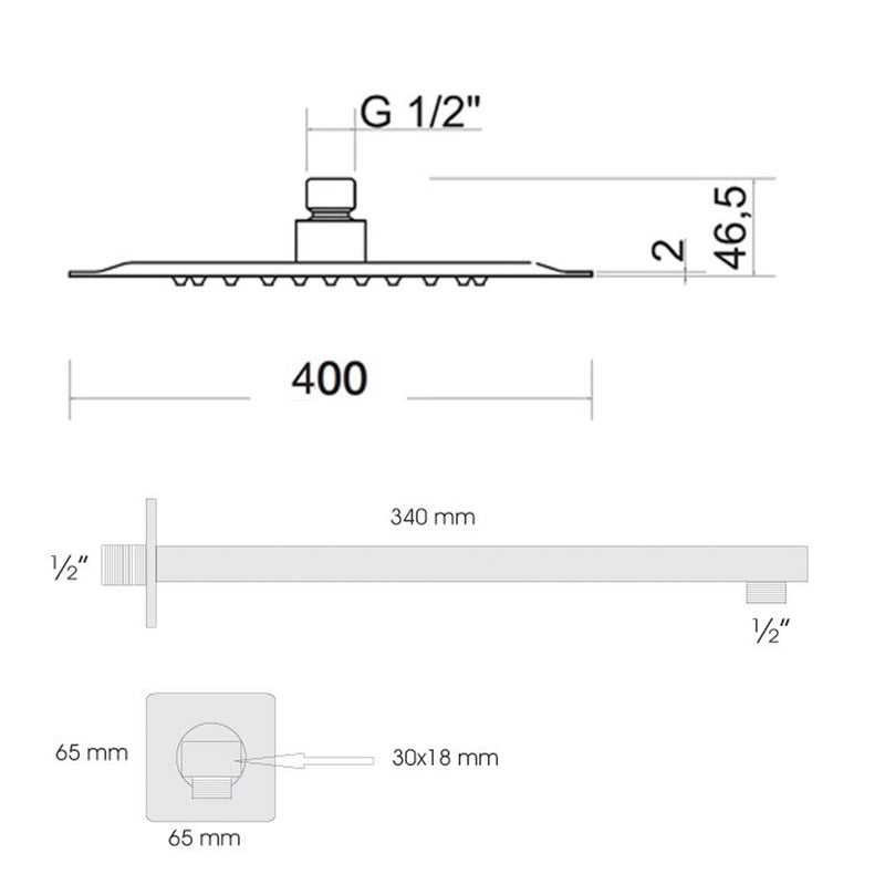 Soffione doccia quadrato ultraslim 40x40 cm con braccio doccia in acciaio inox lucidato Ares by CeramicStore | Lo specialista del tuo bagno