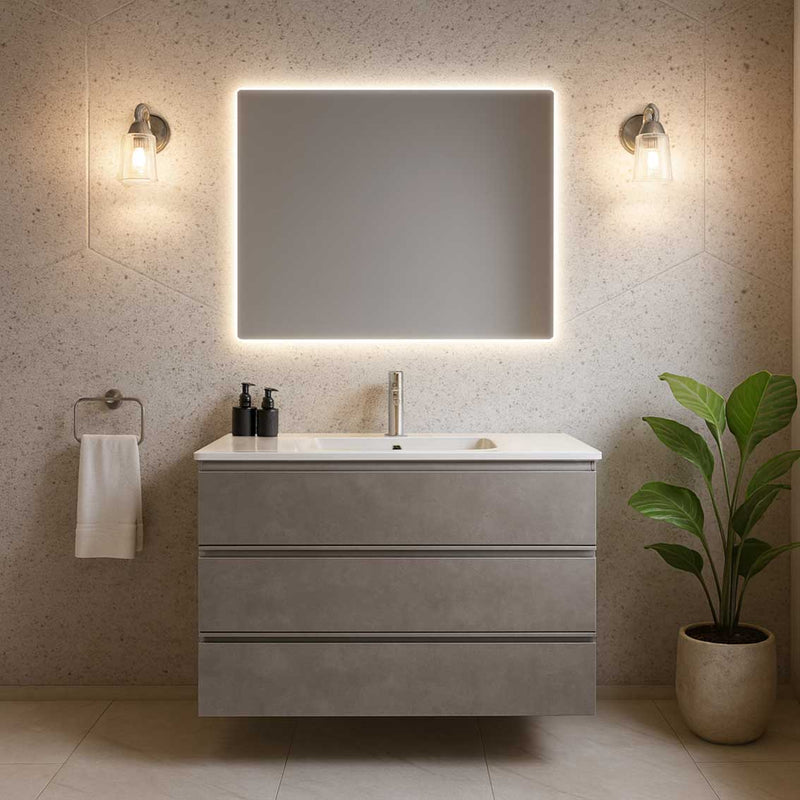 Composición de baño a tierra Nexu 3 cajones con lavabo espejo con lámpara LED 100x90 cm - Gris