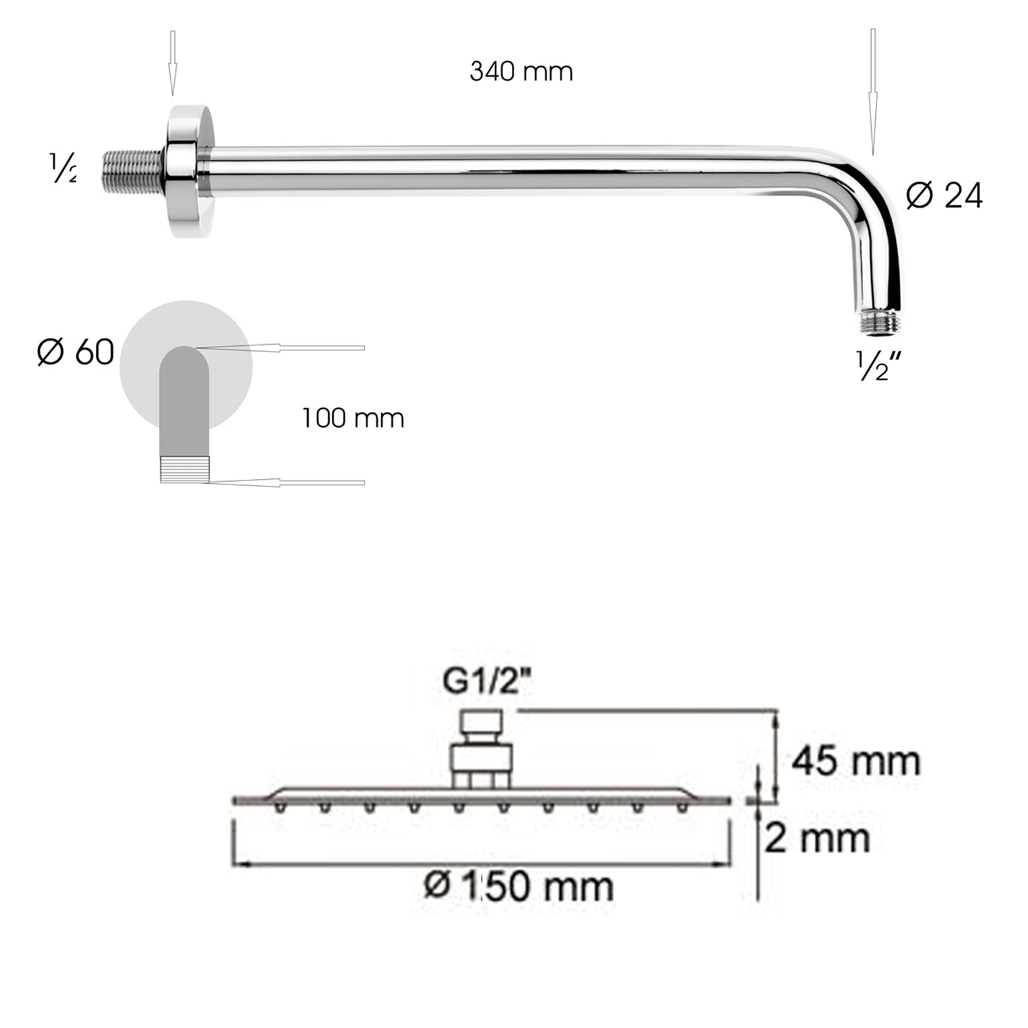 Soffione doccia tondo ultraslim di Ares diametro 15 cm con braccio doccia in acciaio inox by CeramicStore | Lo specialista del tuo bagno