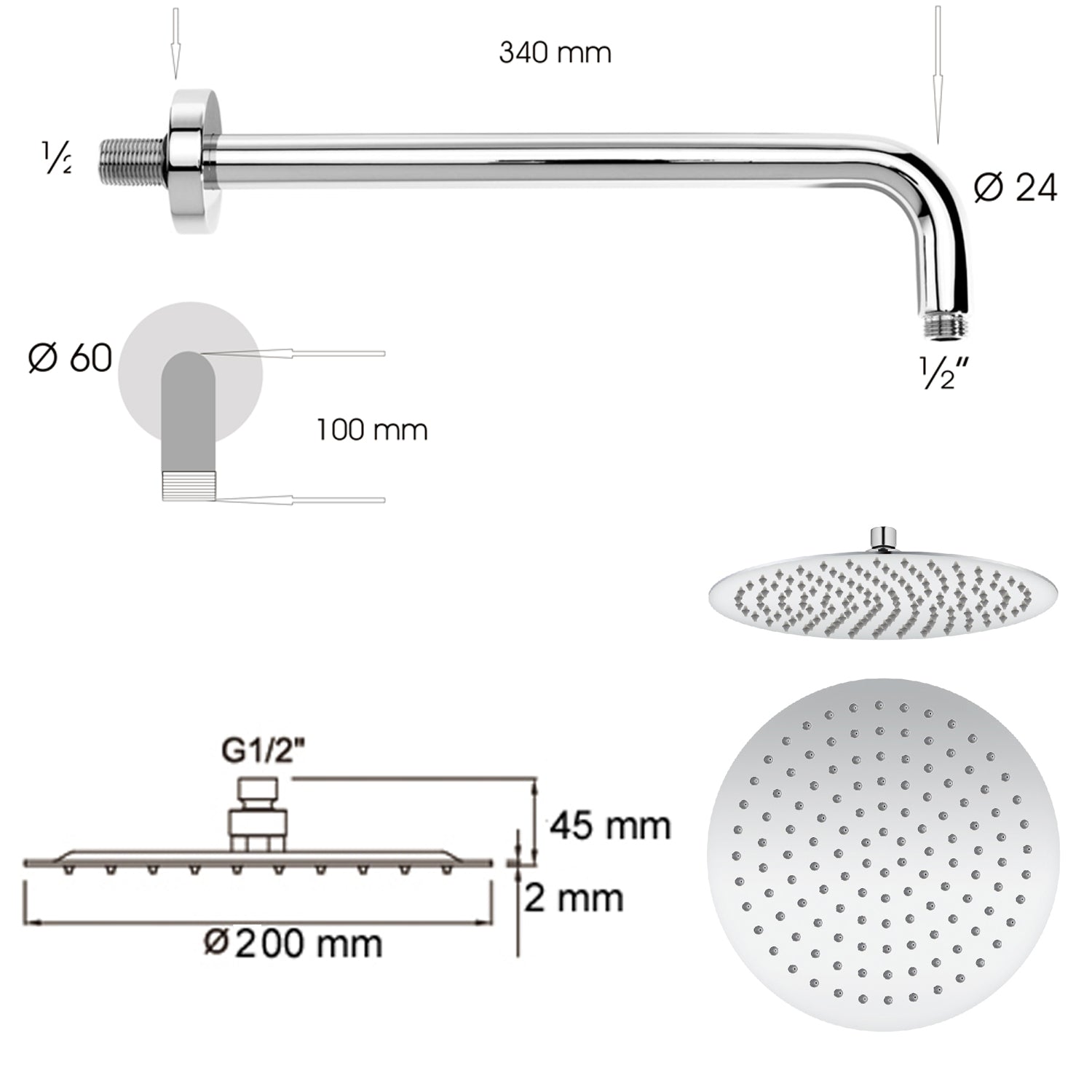Soffione doccia Ares tondo ultraslim diametro 20 cm con braccio doccia by CeramicStore | Lo specialista del tuo bagno