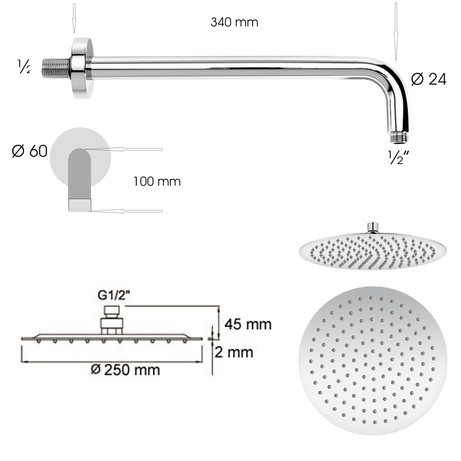 Soffione doccia tondo ultraslim Ares diametro 25 cm con braccio doccia in acciaio inox lucidato by CeramicStore | Lo specialista del tuo bagno