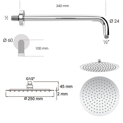 Soffione doccia tondo ultraslim Ares diametro 25 cm con braccio doccia in acciaio inox lucidato by CeramicStore | Lo specialista del tuo bagno