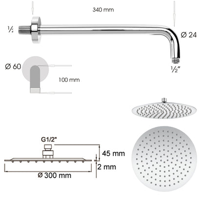 Soffione doccia tondo Ares ultraslim diametro 30 cm con braccio doccia in acciaio inox lucidato by CeramicStore | Lo specialista del tuo bagno