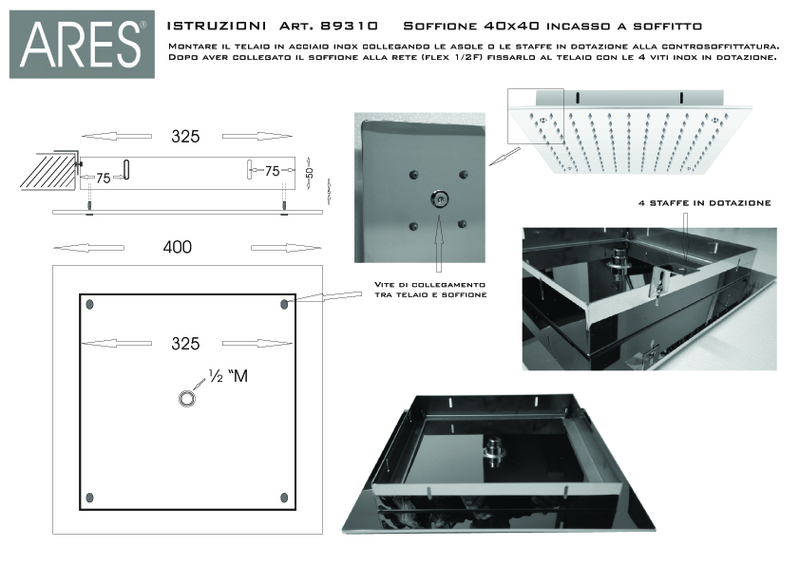 Soffione doccia a soffitto Ares 40x40 cm in acciaio inox by CeramicStore | Lo specialista del tuo bagno