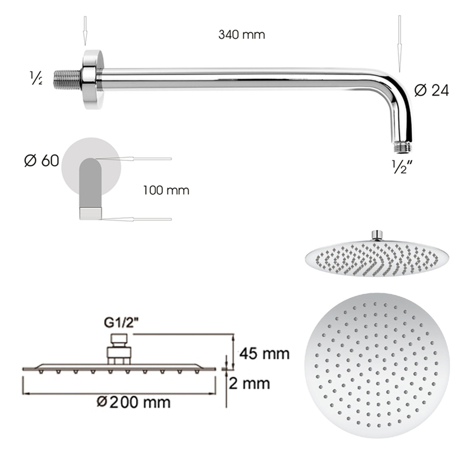 Set doccia tondo Ares con soffione diametro 20 mm, braccio doccia e kit duplex by CeramicStore | Lo specialista del tuo bagno