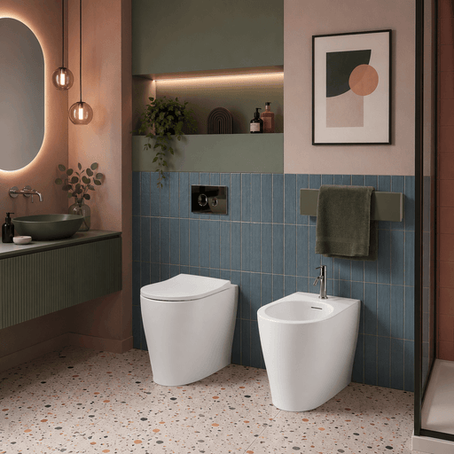 Sanitari filomuro senza brida scarico traslato Domus Falerii collezione Multipla 52x36 cm bianco lucido