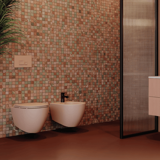 Sanitari sospesi Rimless con copriwater Soft Close BathCore serie Infinity 53x36,5xH40 cm Salmone Opaco