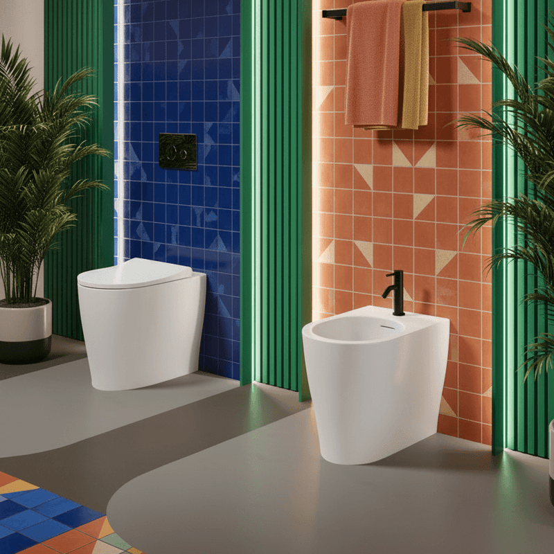 Sanitari filomuro senza brida scarico traslato Domus Falerii collezione Multipla 52x36 cm bianco lucido