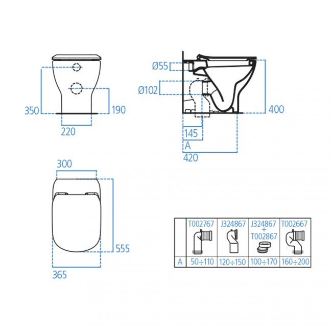 Sanitari filo muro Ideal Standard Tesi Bianco Opaco con scarico traslato e AquaBlade con sedile termoindurente chiusura rallentata