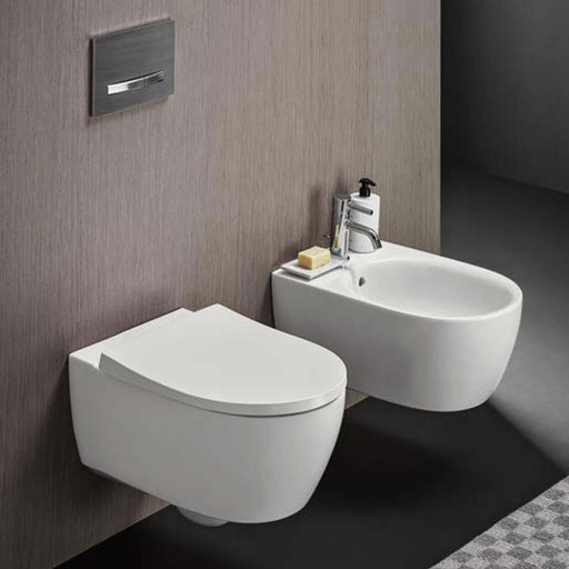 Coppia sanitari sospesi con scarico universale e sedile SoftClose modello Icon di Geberit