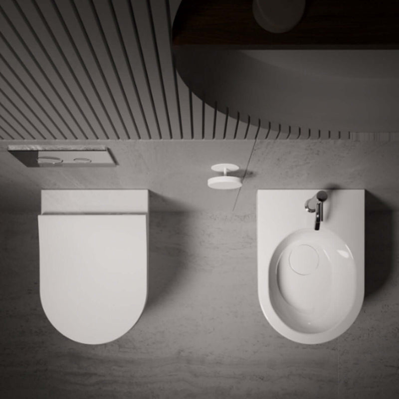 Sanitari filomuro senza brida scarico traslato Domus Falerii collezione Multipla 52x36 cm bianco lucido