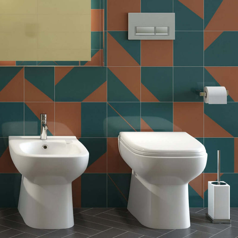 Coppia sanitari filomuro collezione Origin 50x36 cm scarico traslato con copriwater SoftClose