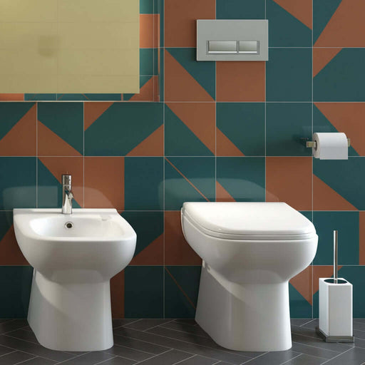 Coppia sanitari filomuro collezione Origin 50x36 cm scarico traslato con copriwater SoftClose