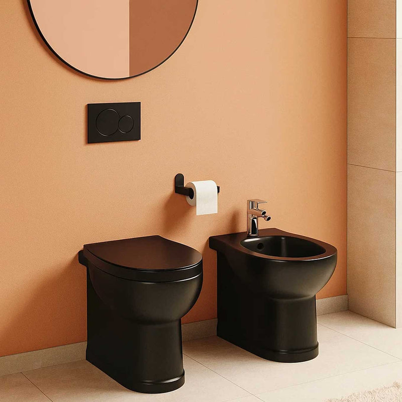 Sanitari filomuro con scarico universale e sedile soft close serie Isola cm 48x38- Nero Opaco