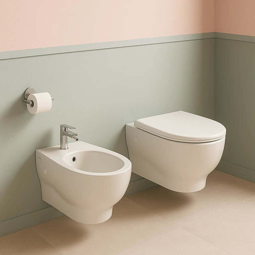 Sanitari sospesi senza brida ceramica globo Grace Wc, bidet e sedile slim soft close