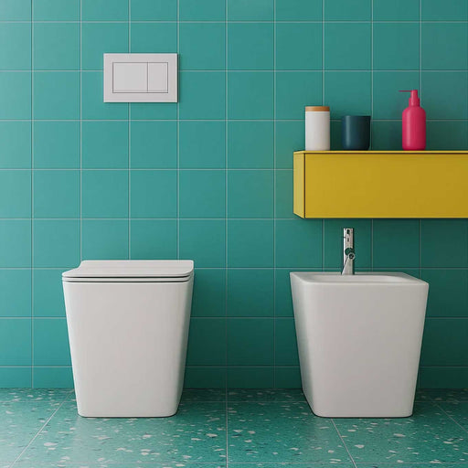 Set sanitari filomuro senza brida con copriwater soft close BathCore serie Tela - 56x36xH41 cm
