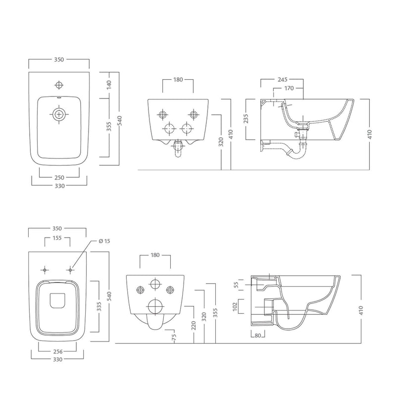 Sanitari sospesi bidet e wc Rimless con sedile soft close modello Metrica Pozzi Ginori cm 54