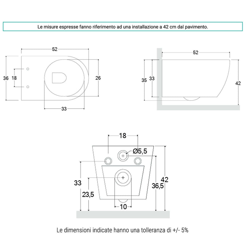 Vaso sospeso senza brida 52x37 con Copriwater Soft Close BathCore serie Aria - Bianco Lucido